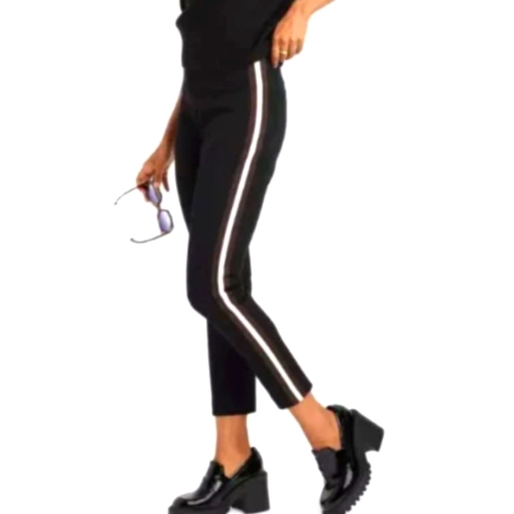 Slim fit ankle pants with brown and cream side stripes